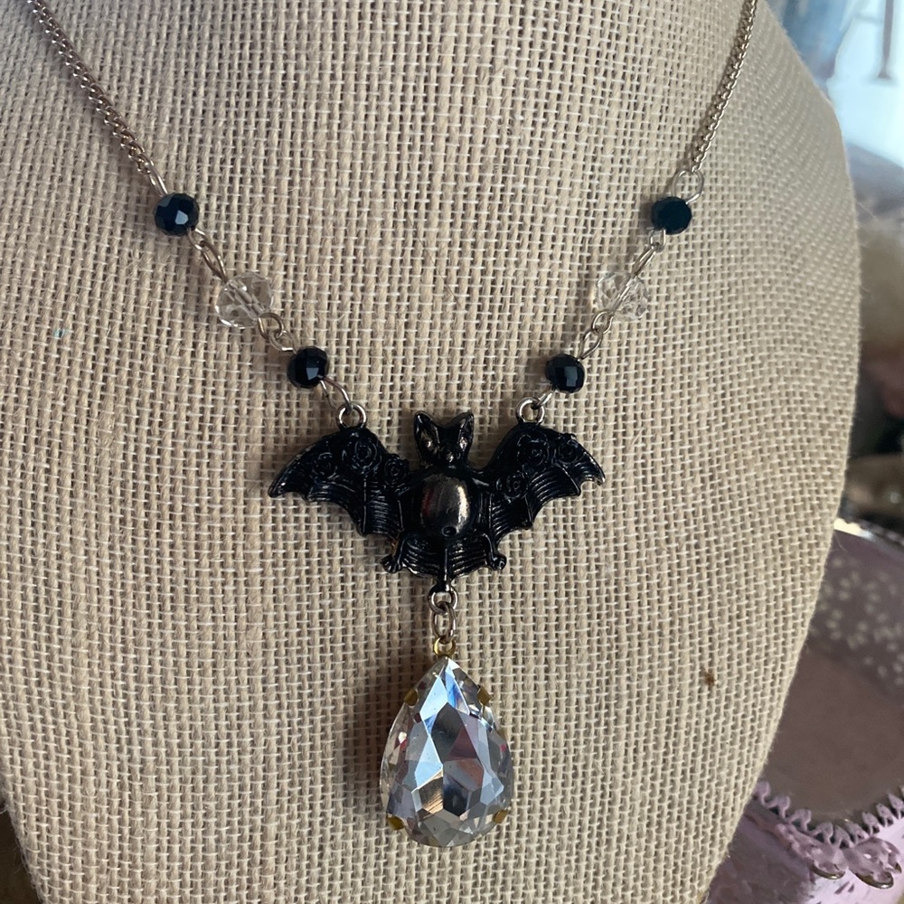 Black bat necklace with black roses